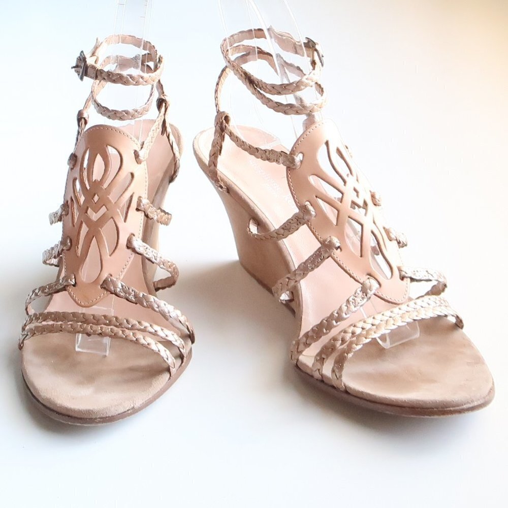 Stephane Kelian Nude Beige Suede & Leather Braided Strappy Wedge Sandals Shoes
